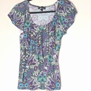 AB Studio Y2K Ruffle Front Paisley Top Fairy Whimsical Cap Sleeve Womens S